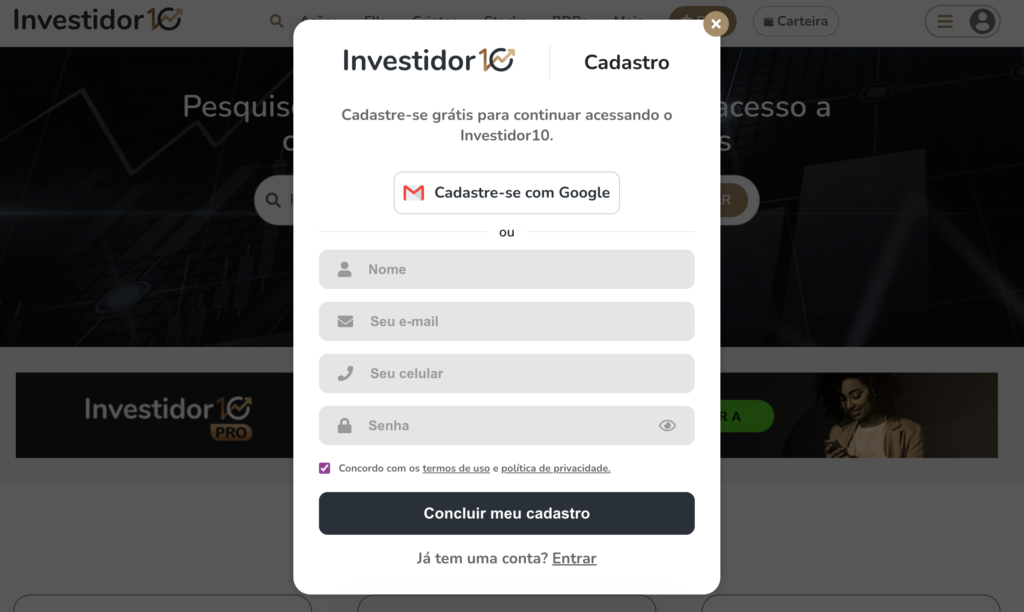 Cadastro Investidor10