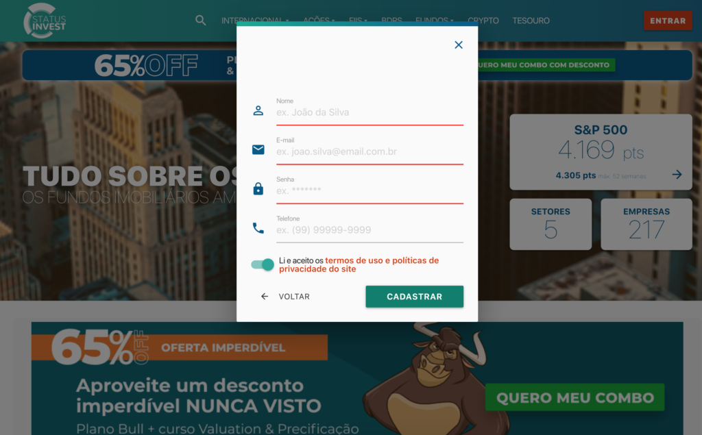 StatusInvest cadastro