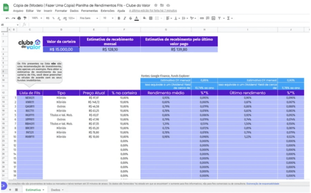 Planilha de fundos imobiliários