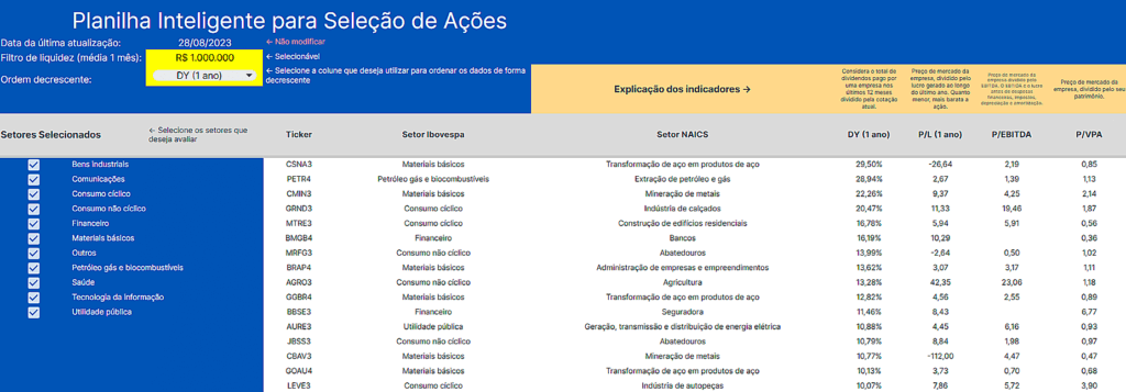 planilha de seleção de ações
