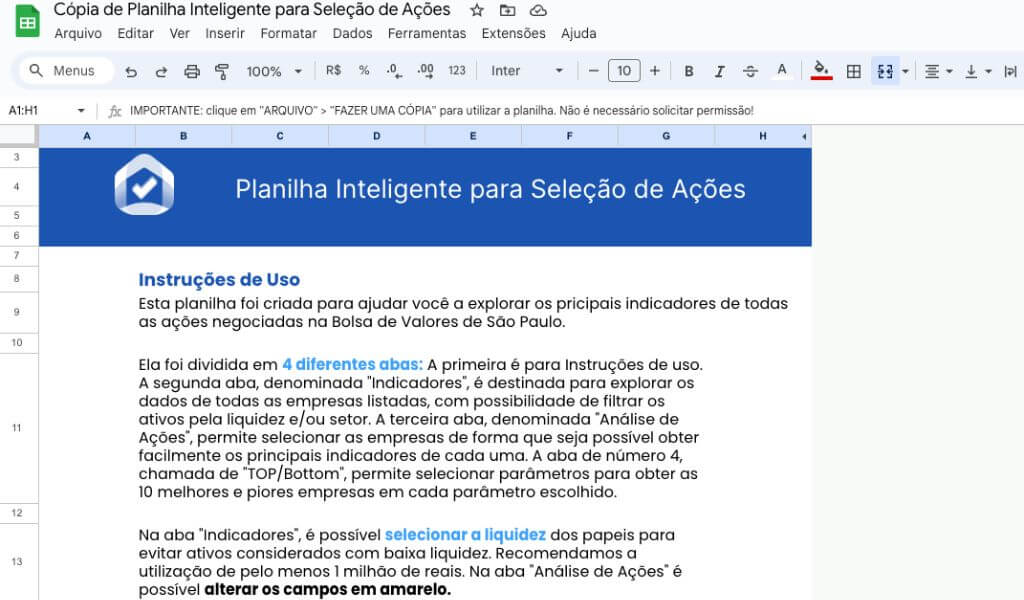 Planilha inteligente para seleção de ações