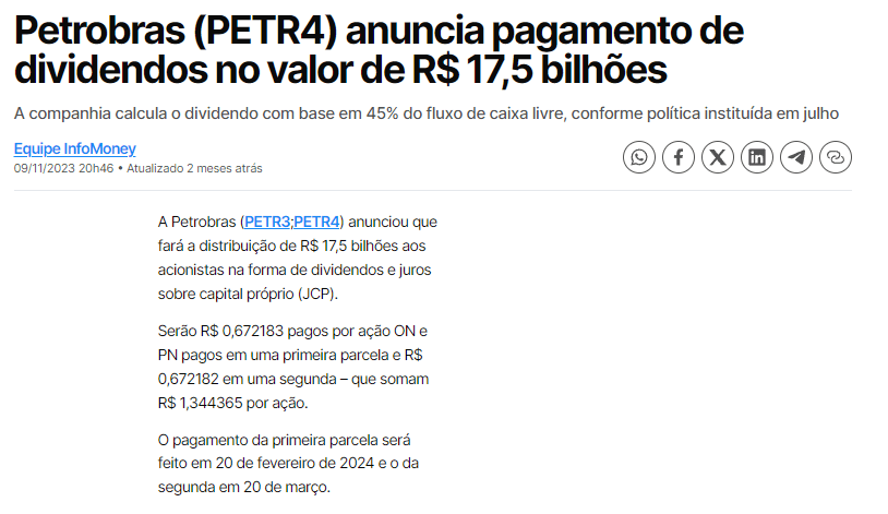 Pagamento de proventos PETR4